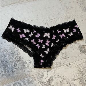Pink Victoria's Secret Black and Pink Butterfly Lace Cheekster Panties XL